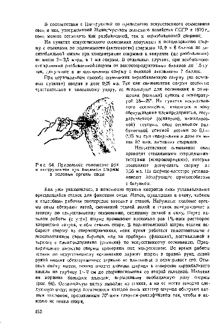 Искусственное осеменение овец проводят стеклянным» шприцами-катетерами (микрошприцами), которые позволяют дозировать сперму по 0,05 мл. На шприце-катетере устанавливают дозирующее приспособление с бегунком.