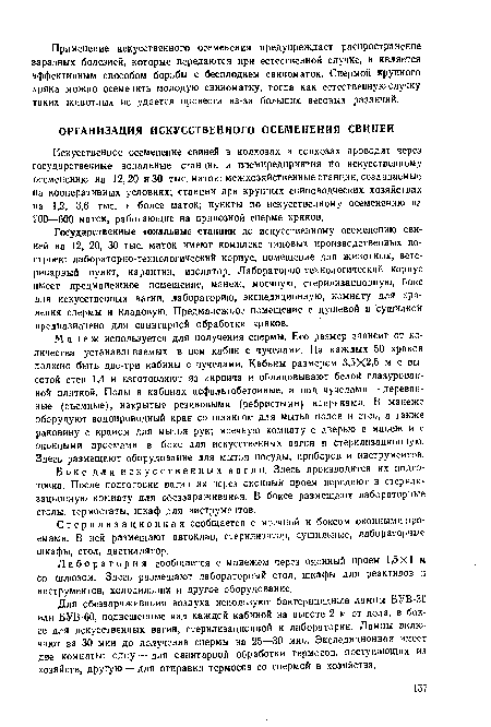 Государственные зональные станции по искусственному осеменению свиней на 12, 20, 30 тыс. маток имеют комплекс типовых производственных построек: лабораторно-технологический корпус, помещение для животных, ветеринарный пункт, карантин, изолятор. Лабораторно-технологйческнй корпус имеет предмаиежное помещение, манеж, моечную, стерилизационную, бокс для искусственных вагин, лабораторию, экспедиционную, комнату для хранения спермы и кладовую. Предманежное помещение с душевой и сушилкой предназначено для санитарной обработки хряков.