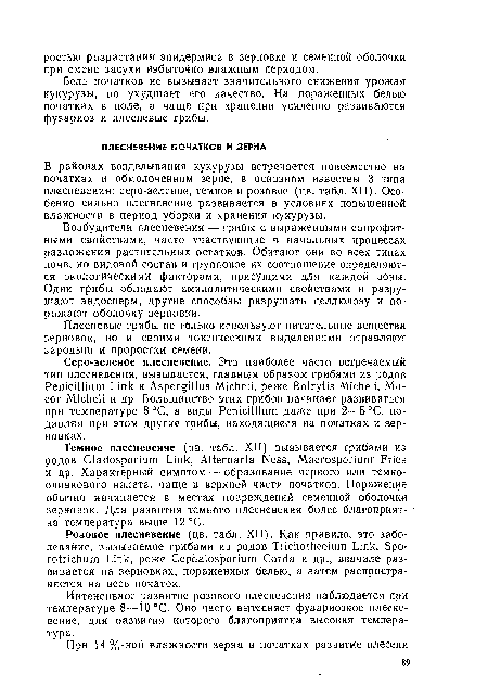 Возбудители плесневения — грибы с выраженными сапрофитными свойствами, часто участвующие в начальных процессах разложения растительных остатков. Обитают они во всех типах почв, но видовой состав и групповое их соотношение определяются экологическими факторами, присущими для каждой зоны. Одни грибы обладают амилолитическими свойствами и разрушают эндосперм, другие способны разрушать целлюлозу и поражают оболочку зерновки.