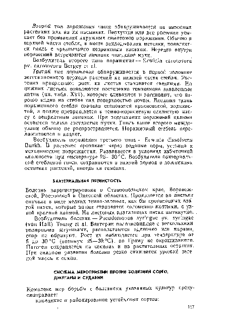 Возбудитель поражения третьего типа — Erwinia dissolvens Burkh. В растения проникает через водяные поры, устьица и механические повреждения. Развивается в условиях избыточной влажности при температуре 25—30 °С. Возбудители бактериальной стеблевой гнили сохраняются в зимний период в пожнивных остатках растений, иногда на семенах.