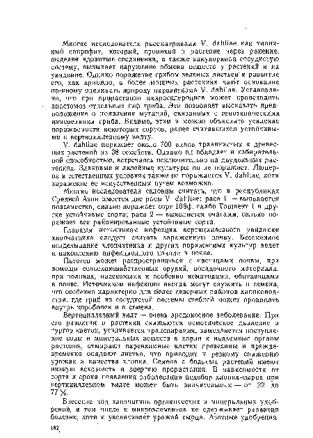 Патоген может распространяться с частицами почвы, при помощи сельскохозяйственных орудий, посадочного материала, при поливах, насекомыми и особенно нематодами, обитающими в почве. Источником инфекции иногда могут служить и семена, что особенно характерно для более северных районов хлопководства, где гриб из сосудистой системы стеблей может проникать внутрь коробочек и в семена.