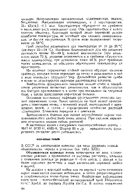 В СССР на хлопчатнике известно три типа корневых гнилей — обыкновенная, черная и углистая (цв. табл. XXII).