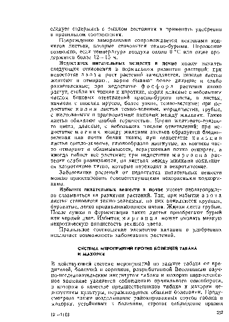 Избыток питательных веществ в почве может неблагоприятно сказываться на развитии растений. Так, при избытке азота листья становятся темно-зелеными, на них появляются крупные, буроватые, легко продавливающиеся пятна. Жилки листа грубые. После сушки и ферментации такие листья приобретают бурый или черный цвет. Избыток марганца может вызвать мелкую некротическую пятнистость темного цвета.