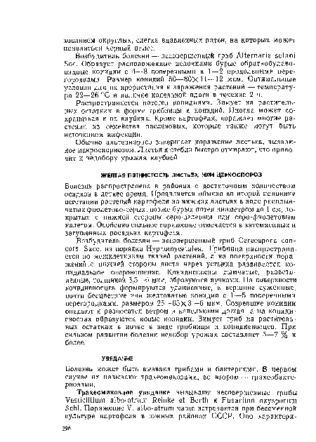 Распространяется патоген конидиями. Зимует на растительных остатках в форме грибницы и конидий. Иногда может сохраняться и на клубнях. Кроме картофеля, поражает многие растения из семейства пасленовых, которые также могут быть источником инфекции.