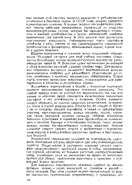 Разработаны специальные указания по семеноводству картофеля, выполнение которых обязательно для всех семеноводческих хозяйств. Поддержание и улучшение семенных качеств картофеля предусматривает: клубневой анализ и отбор, протравливание клубней, прочистку от больных растений, сортоулучшающий отбор, апробацию, уход за растениями во время их вегетации, правильную уборку, тщательную подготовку к хранению и правильный режим хранения.