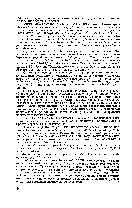 В Байкале, его сорах, заливах и прибрежных озерах насчитывается 50 видов рыб, из них имеют промысловое значение 14—17 видов. Основу промысла составляют омуль (48 проц.), сорога (18 проц.), бычковые (14 проц.) и окунь (11 проц.). Осетр, таймень, ленок, сиг, хариус составляют десятые и сотые доли процента; невелик также удельный вес в уловах ельца, щуки, налима, язя и др. Из акклиматизированных рыб в Байкале в промысле участвует сазан. Основным и самым ценным видом промысла в озере Байкал является омуль, уловы которого в прошлом достигали высоких уровней.