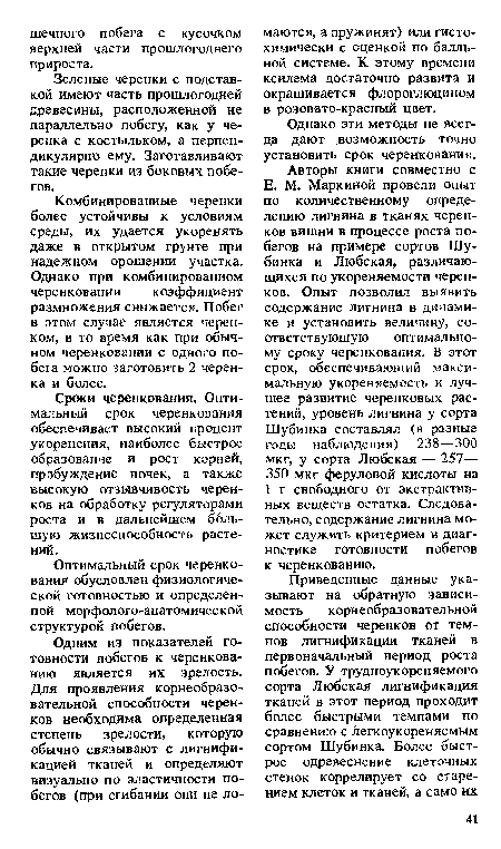 Зеленые черенки с подставкой имеют часть прошлогодней древесины, расположенной не параллельно побегу, как у черенка с костыльком, а перпендикулярно ему. Заготавливают такие черенки из боковых побегов.