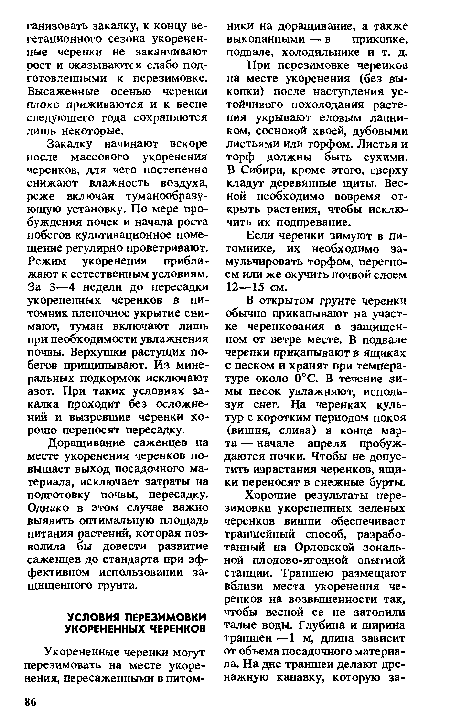 В открытом грунте черенки обычно прикапывают на участке черенкования в защищенном от ветре месте. В подвале черенки прикапывают в ящиках с песком и хранят при температуре около 0°С. В течение зимы песок увлажняют, используя снег. На черенках культур с коротким периодом покоя (вишня, слива) в конце марта — начале апреля пробуждаются почки. Чтобы не допустить израстания черенков, ящики переносят в снежные бурты.