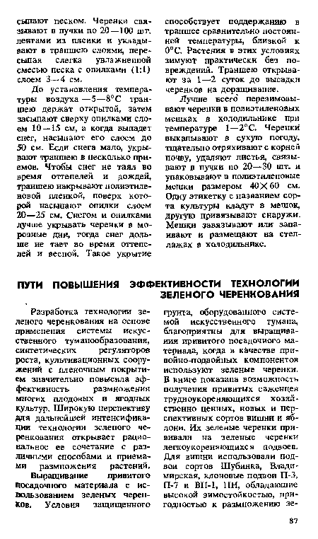 Лучше всего перезимовывают черенки в полиэтиленовых мешках в холодильнике при температуре 1—2°С. Черенки выкапывают в сухую погоду, тщательно отряхивают с корней почву, удаляют листья, связывают в пучки по 20—30 шт. и упаковывают в полиэтиленовые мешки размером 40X 60 см. Одну этикетку с названием сорта культуры кладут в мешок, другую привязывают снаружи. Мешки завязывают или запаивают и размещают на стеллажах в холодильнике.