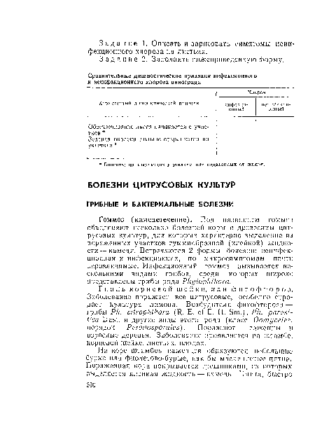 Гоммоз (камедетечение). Под названием гоммоз объединяют несколько болезней коры и древесины цитрусовых культур, для которых характерно выделение, из пораженных участков гуммиобразиой (клейкой) жидкости— камеди. Встречаются 2 формы болезни: неинфек-ционная и инфекционная, по макросимптомам почти неразличимые. Инфекционный гоммоз вызывается несколькими видами грибов, среди которых широко представлены грибы рода Phytophihora.