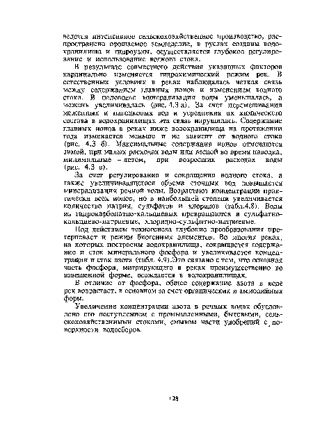 За счет регулирования и сокращения водного стока, а также увеличивающегося объема сточных вод повышается минерализация речной воды. Возрастают концентрации практически всех ионов, но в наибольшей степени увеличивается количество натрия, сульфатов и хлоридов (табл.4.8). Воды из гидрокарбонатно-кальциевых превращаются в сульфатно-кальциево-натриевые, хлоридно-сульфатно-натриевые.