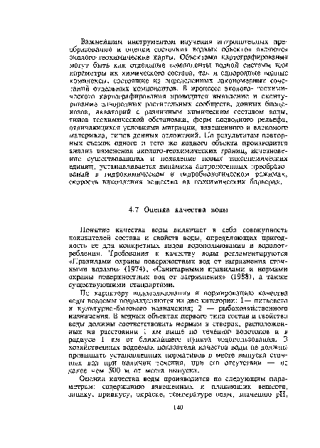 Понятие качества воды включает в себя совокупность показателей состава и свойств воды, определяющих пригодность ее для конкретных видов водопользования и водопот-ребления. Требования к качеству воды регламентируются «Правилами охраны поверхностных вод от загрязнения сточными водами» (1974), «Санитарными правилами и нормами охраны поверхностных вод от загрязнения» (1988), а также существующими стандартами.