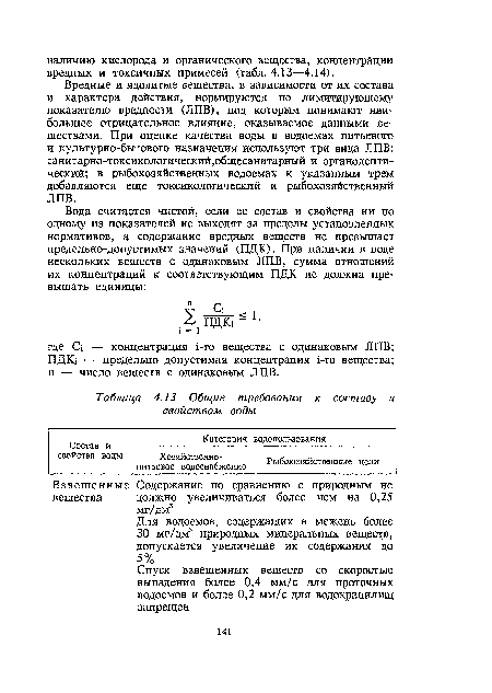 Вредные и ядовитые вещества, в зависимости от их состава и характера действия, нормируются по лимитирующему показателю вредности (ЛПВ), под которым понимают наибольшее отрицательное влияние, оказываемое данными веществами. При оценке качества воды в водоемах питьевого и культурно-бытового назначения используют три вида ЛПВ: санитарно-токсикологический,общесанитарный и органолептический; в рыбохозяйственных водоемах к указанным трем добавляются еще токсикологический и рыбохозяйственный ЛПВ.