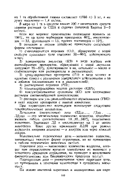 Если все мировое производство пестицидов принять за 100%, то на долю гербицидов приходится 40%, инсектицидов — 35, фунгицидов — 15, прочих пестицидов — 10%.