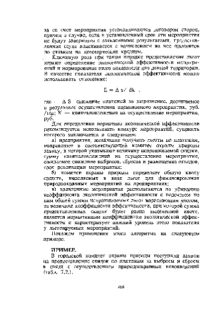 В городской комитет охраны природы поступили заявки на предоставление скидок по платежам за выбросы и сбросы в связи с осуществлением природоохранных нововведений (табл. 7.2.).