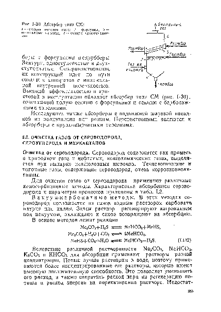 Для очистки газов от сероводорода применяют различные хемоеорбционные методы. Характеристика абсорбентов сероводорода и параметры процессов приведены в табл. 1,3.