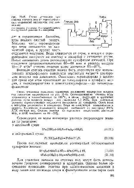 Большая часть сероводорода при этом окисляется до элементной серы, а другая часть отдувается воздухом. Вода очищается от серы, а воздух с сероводородом поступает на очистку в адсорбер с активным углем. После насыщения уголь регенерируют сульфатом аммония. При •окислении продолжительностью 60—90 мин и расходе воздуха 10—12 м3/м3 степень очистки воды достигает 95—97%.