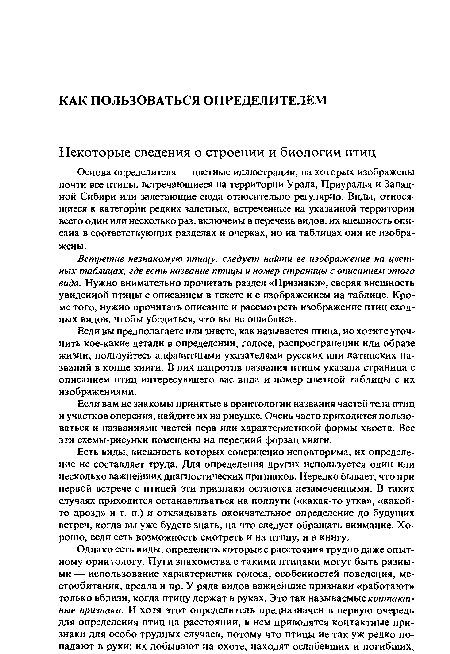 Если вам незнакомы принятые в орнитологии названия частей тела птиц и участков оперения, найдите их на рисунке. Очень часто приходится пользоваться и названиями частей пера или характеристикой формы хвоста. Все эти схемы-рисунки помещены на передний форзац книги.