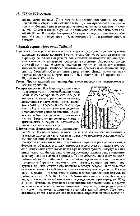 Образ жизни. Прилетают очень поздно, почти летом. Жизнь стрижей зависит от летной активности насекомых, в затяжные холодные весны стрижи прилетают позднее и основные районы гнездования сдвигаются к югу.