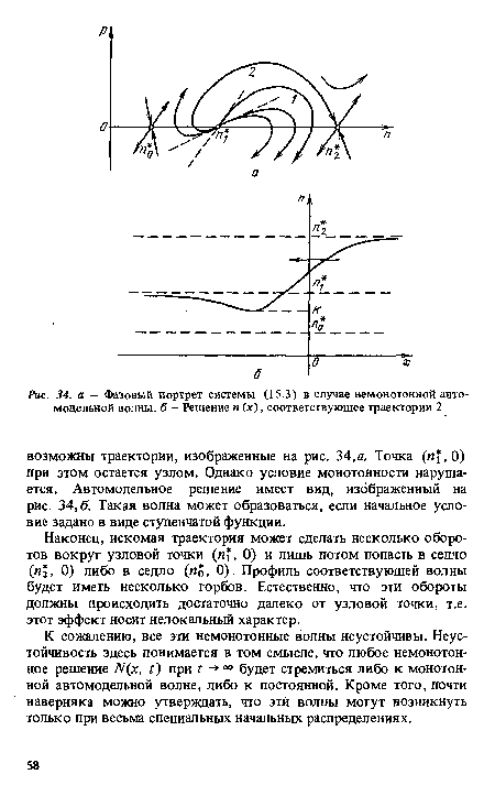 Наконец, искомая траектория может сделать несколько оборотов вокруг узловой точки («1, 0) и лишь потом попасть в седло («2 > 0) либо в седло (ио, 0). Профиль соответствующей волны будет иметь несколько горбов. Естественно, что эти обороты должны происходить достаточно далеко от узловой точки, т.е. этот эффект носит нелокальный характер.