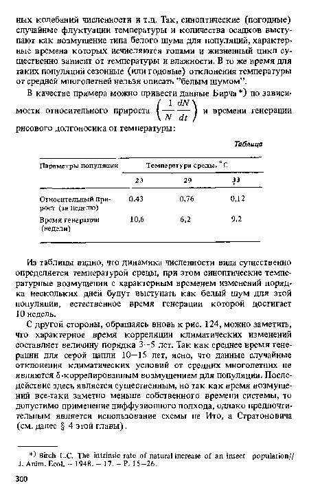 С другой стороны, обращаясь вновь к рис. 124, можно заметить, что характерное время корреляции климатических изменений составляет величину порядка 3—5 лет. Так как среднее время генерации для серой цапли 10—15 лет, ясно, что данные случайные отклонения климатических условий от средних многолетних не являются 5-коррелированным возмущением для популяции. Последействие здесь является существенным, но так как время возмущений все-таки заметно меньше собственного времени системы, то допустимо применение диффузионного подхода, однако предпочтительным является использование схемы не Ито, а Стратоновича (см. далее § 4 этой главы).