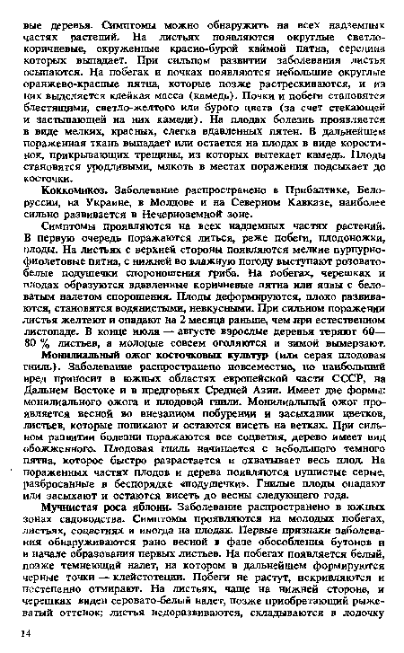 Симптомы проявляются на всех надземных частях растений. В первую очередь поражаются литься, реже побеги, плодоножки, плоды. На листьях с верхней стороны появляются мелкие пурпурнофиолетовые пятна, с нижней во влажную погоду выступают розовато-белые подушечки спороношения гриба. На побегах, черешках и плодах образуются вдавленные коричневые пятна или язвы с беловатым налетом спорошения. Плоды деформируются, плохо развиваются, становятся водянистыми, невкусными. При сильном поражении листья желтеют и опадают на 2 месяца раньше, чем при естественном листопаде. В конце июля — августе взрослые деревья теряют 60— 80 % листьев, а молодые совсем оголяются и зимой вымерзают.