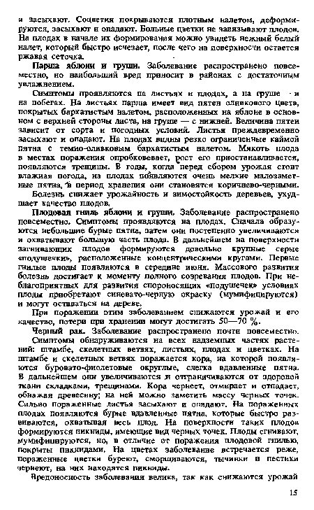 Симптомы проявляются на листьях и плодах, а на груше — и на побегах. На листьях парша имеет вид пятен оливкового цвета, покрытых бархатистым налетом, расположенных на яблоне в основном с верхней стороны листа, на груше — с нижней. Величина пятен зависит от сорта и погодных условий. Листья преждевременно засыхают и опадают. На плодах видны резко ограниченные каймой пятна с темно-оливковым бархатистым налетом. Мякоть плода в местах поражения опробковевает, £ост его приостанавливается, появляются трещины. В годы, когда перед сбором урожая стоит влажная погода, на плодах появляются очень мелкие малозаметные пятна, "Ь период хранения они становятся коричнево-черными.