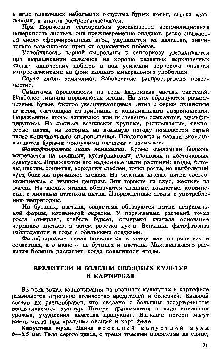 Во всех зонах возделывания на овощных культурах и картофеле развивается огромное количество вредителей и болезней. Видовой состав их разнообразен, что связано с большим ассортиментом возделываемых культур. Потери проявляются в виде снижения урожая, ухудшения качества продукции. Большие потери могут иметь место при хранении овощей и картофеля.