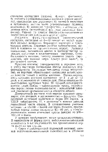 Лещина, ф у н д у к — крупный многоствольный кустарник, состоящий из 8—12 скелетных ветвей пулевого порядка ветвления. Формирует корневую и приствольную поросль. Корневая система поверхностная, состоит в основном из горизонтальных, корней. Растения однодомные, тычиночные цветки в цилиндрических сережках, пестичные в малоцветковых соцветиях. Само-бесплодность высокая, поэтому опыление только перекрестное, при помощи ветра. Цветут рано весной, до распускания листьев.