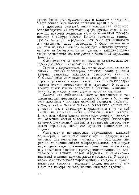 Семя состоит из зародыша, окруженного пленкой эндосперма и затем семенной кожурой. Кожура имеет сложное анатомическое строение, она защищает зародыш от проникновения микроорганизмов, регулирует поглощение воды и элементов минерального питания, а у отдельных плодовых культур может влиять иа длительность и глубину покоя зародыша. У семечковых растений семенная кожура пигментированная. У косточковых и орехоплодных пород функции кожуры частично выполняет косточка — эндокарп плода, поэтому у них семенная кожура тонкая, плотно облегает зародыш.