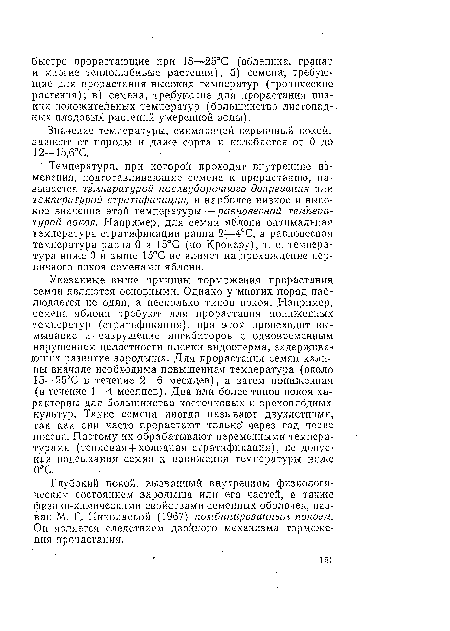 Температура, при которой проходят внутренние изменения, подготавливающие семена к прорастанию, называется температурой послеуборочного дозревания или температурой стратификации, а наиболее низкое и высокое значение этой температуры — равновесной температурой покоя. Например, для семян яблони оптимальная температура стратификации равна 2—4°С, а равновесная температура равна 0 и 15°С (по Крокеру), т. е. температура ниже 0 и выше 15°С не влияет на .прохождение первичного покоя семенами яблони.