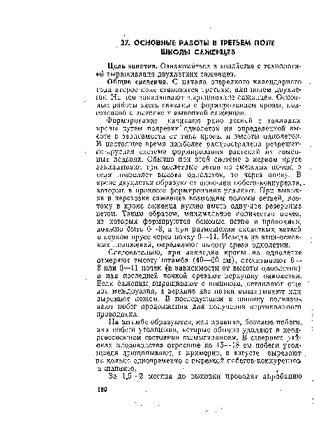 Формирование начинают рано весной с закладки кроны путем подрезки" однолеток на определенной высоте в зависимости от типа кроны и высоты однолеток. В настоящее время наиболее распространена резрежен-но-ярусная система формирования растений на семенных подвоях. Обычно при этой системе в первом ярусе закладывают три скелетные ветви из смежных почек, а если позволяет высота однолеток, то через почку. В кроне двухлетки образуются один-два побега-конкурента, которые в процессе формирования удаляют. При выкопке и перевозке саженцев возможны поломы ветвей, поэтому в кроне саженца нужно иметь одиу-две резервные ветви. Таким образом, минимальное количество почек, из которых формируются боковые, ветви и проводник, должно быть 6—8, а при размещении скелетных ветвей в первом ярусе через почку 9—11. Исходя из этих-основ-ных положений, определяют высоту среза однолетки.