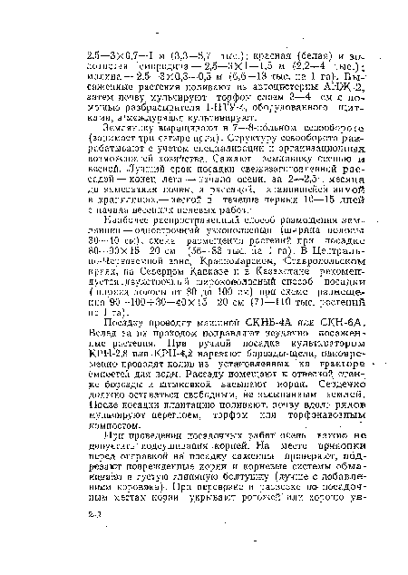 Наиболее распространенный способ размещения земляники — однострочный узкополосны.й (ширина полосы 30—40 см), схема размещения растений при посадке 80—90x15—20 см (56—83 тыс. на Г га). В Центрально-Черноземной зоне, Краснодарском, Ставропольском краях, на Северном Кавказе и в Казахстане рекомендуется »двухстрочный широкополосный способ посадки (ширина полосы от 80 до 100 см) при схеме размещения 90—100 + 30—40X15—20 см (71—110 тыс. растений на 1 га).