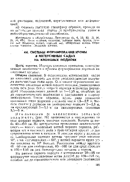 Итальянская (с наклонными ветв.ями) пальм етта (рис, 76) применяется в насаждениях на всех формах подвоев, включая семенные. Высота штамба 40—60 см. На центральном проводнике закладывают шесть—восемь скелетных ветвей первого порядка, размещая их в плоскости ряда в трех-четырех ярусах по две супротивные ветви в каждом. В нижнем ярусе у деревьев на слаборослых подвоях ветвям придают угол наклона 50°, а на сильиорослых — 60°, у ветвей верхнего яруса углы наклона на 10° больше. Расстояние между ярусами 40—60 см для слаборослых, 60 —100 см для среднерослых и 100—130 см для сильнорослых подвоев и сортов.