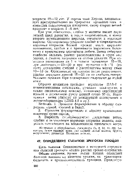 Обрезку ягодников проводят агрегатом ПАВ-8 с пневматическими секаторами, ручными секаторами, а также специальными ножами, имеющими серповидный клинок и деревянную ручку длиной около 50 см. Вырезанные ветви убирают из междурядий волокушами и лозоподборщиками (ЛНВ-1,5 и др.).