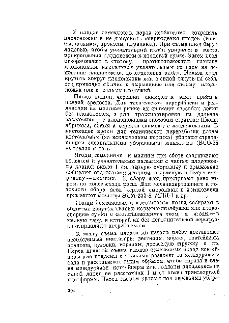 Ягоды, земляники и малины при сборе сощипывают большим и указательным пальцами с частью плодоножки длиной около 1 см, черную смородину и крыжовник собирают отдельными ягодами, а красную и белую смородину-— кистями. К сбору ягод .приступают рано утром, но после схода росы. Для механизированного и поточного сбора ягод черной смородины и крыжовника применяют машины ЭЯМ-200-8, МПЯ-1 и др. „ ■ .