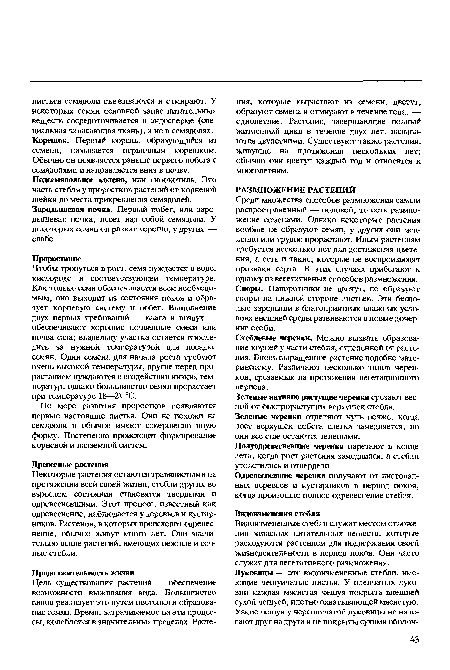 Среди множества способов размножения самый распространенный — половой, то есть размножение семенами. Однако некоторые растения вообще не образуют семян, у других они медленно или трудно прорастают. Иным растениям требуется несколько лет для достижения цветения, а есть и такие, которые не воспроизводят признаки сорта. В этих случаях прибегают к одному из вегетативных способов размножения. Споры. Папоротники не цветут, но образуют споры на нижней стороне листьев. Эти бесполые зародыши в благоприятных влажных условиях внешней среды развиваются в новые дочерние особи.