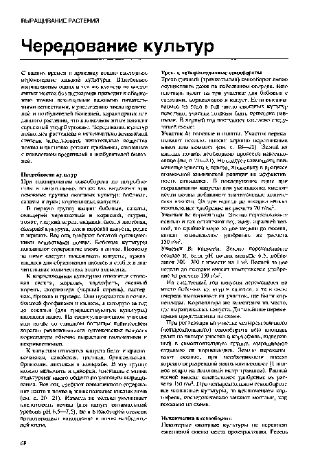 На следующий год капусты перемещают на место бобовых культур и салатов, а те в свою очередь высаживают на участок, где были корнеплоды. Корнеплоды же помещают на место, где выращивалась капуста. Дальнейшие перемещения представлены на схеме.