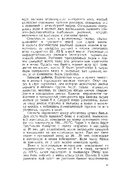 Порядок работы. Количество воды и сухого вещества в листьях определяют ...