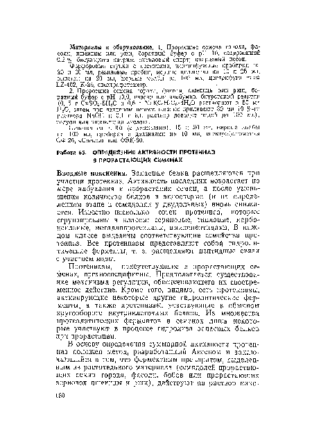 Вводные пояснения. Запасные белки расщепляются при участии протеиназ. Активность последних возрастает по мере набухания и прорастания семян, а после уменьшения количества белков в эндосперме (и на определенном этапе в семядолях у двудольных) вновь снижается. Известно несколько сотен протеиназ, которые сгруппированы в классы: сериновые, тиоловые, карбоксильные, металлопротеиназы, аминопептидазы. В каждом классе выделены соответствующие семейства протеиназ. Все протеиназы представляют собой гидролитические ферменты, т. е. расщепляют пептидные связи с участием воды.