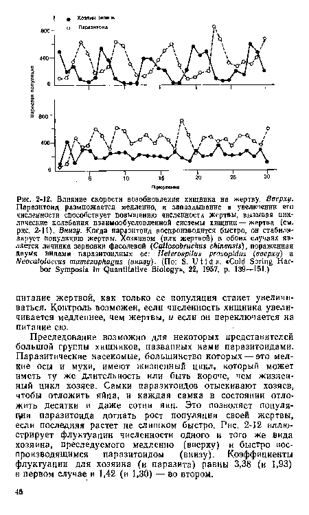 Преследование возможно для некоторых представителей большой группы хищников, названных нами паразитоидами. Паразитические насекомые, большинство которых — это мелкие осы и мухи, имеют жизненный цикл, который может иметь ту же длительность или быть короче, чем жизненный цикл хозяев. Самки паразитоидов отыскивают хозяев, чтобы отложить яйца, и каждая самка в состоянии отложить десятки и даже сотни яиц. Это позволяет популя-1уш паразитоида догнать рост популяции своей жертвы, если последняя растет не слишком быстро. Рис. 2-12 иллюстрирует флуктуации численности одного и того же вида хозяина, преследуемого медленно (вверху) и быстро воспроизводящимся паразитоидом (внизу). Коэффициенты флуктуации для хозяина (и паразита) равны 3,38 (и 1,93) в первом случае и 1,42 (и 1,30) — во втором.