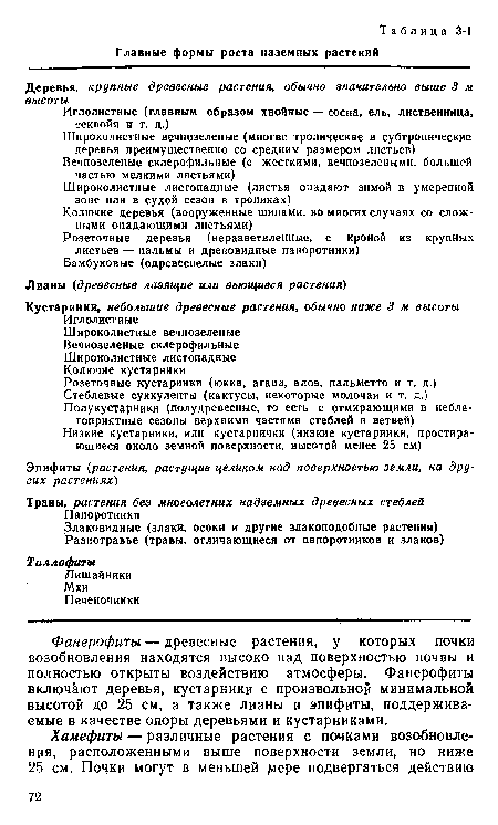 Фанерофиты — древесные растения, у которых почки возобновления находятся высоко над поверхностью почвы и полностью открыты воздействию атмосферы. Фанерофиты включают деревья, кустарники с произвольной минимальной высотой до 25 см, а также лианы и эпифиты, поддерживаемые в качестве опоры деревьями и кустарниками.