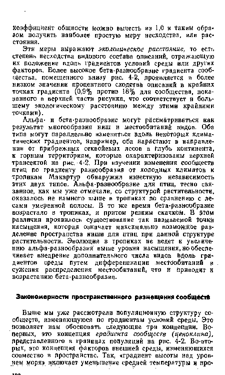 Эти меры выражают экологическое расстояние, то ес!ъ степень несходства видового состава описаний, отражающую их положение вдоль градиентов условий среды или других факторов. Более высокое бета-разнообразие градиента сообщества, помещенного внизу рис. 4-2, проявляется в более низком значении процентного сходства описаний в крайних точках градиента (0,9% против 18% для сообщества, показанного в верхней части рисунка, что соответствует и большему экологическому расстоянию между этими крайними точками).