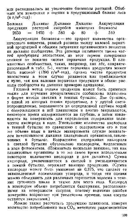 Аккумуляция биомассы — это прирост количества органического вещества, равный разнице между валовой первичной продукцией и общими затратами органического вещества на дыхание сообщества. Эта разница называется также чистой продукцией экосистемы, но этот термин совершенно отличен от понятия чистая первичная продукция. В кли-максовых сообществах, таких, например, как лёс, охарактеризованный в табл. 5-1, чистая первичная продукция может быть высокой (1390 г/м2-год), однако чистая продукция экосистемы в этом случае равняется или приближается к нулю, так как валовая первичная продукция и общие расходы сообщества на дыхание примерно одинаковы.