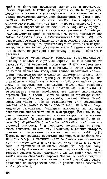 Количество органического вещества, возвращающегося • в почву с опадом и мертвыми корнями, обычно зависит от размера чистой первичной продукции. В климаксовом лесу ежегодная сумма детрита в подстилке и почве отличается от чистой первичной продукции только небольшим количеством непосредственно поедаемых животными живых ткя-Ней растений. Годовое суммарное количество детрита, поступающего в подстилку и почву, сходно для многих типов леса, но скорость его разложения существенно различна. Древесина более устойчива к разложению, чем листья, а Вечнозеленые листья устойчивее, чем листья листопадных деревьев. Ткани, состоящие из сложных по структуре соединений (гемицеллюлоза, целлюлоза, лигнин), более устойчивы, чем ткани с низким содержанием этих соединений. Высокое содержание лигнина делает ткани наименее поддающимися разложению. Условием, влияющим на скорость разложения, является также и температура. Если мы не будем принимать во внимание различия скоростей разложения разных тканей (и различное время их разложения), то можем характеризовать разложение подстилки некоторой постоянной скоростью и периодом полураспада органического вещества, то есть тем временем, в течение которого произошло разложение половины его веса (табл. 6-3). Периоды полураспада подстилки ранжируются от более чем 10 лет в северных хвойных лесах до одного или нескольких лет — в листопадных и южных сосновых лесах и до части года — в тропических дождевых лесах. Эти периоды полураспада обусловливают различные скорости оборота питательных веществ через подстилку в разных типах леса. Этим также можно объяснить широкое колебание массы подстилки (и фондов питательных веществ в ней), устойчиво сохраняющейся на поверхности почвы в разных типах сообществ (табл. 6-5 и 5-3).