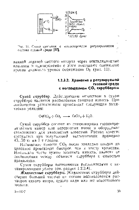 Насыщение извести С02 после закладки плодов на хранение происходит быстрее, чем к концу хранения. Насколько часто нужно заменять известь, зависит от соотношения между объемом скруббера и емкостью хранилища.