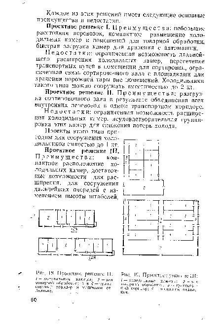 Проектное решение I. Преимущества: небольшие расстояния перевозок, компактное размещение холодильных камер и помещений для товарной обработки, быстрая загрузка камер для хранения с автомашин.