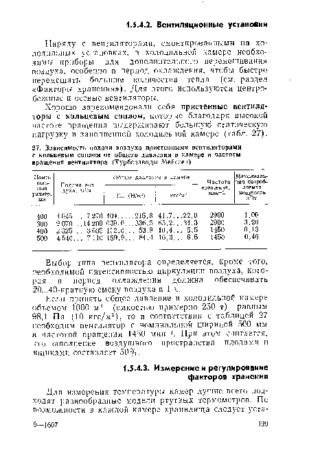 Наряду с вентиляторами, смонтированными на холодильных установках, в холодильной камере необходимы приборы для дополнительного перемешивания воздуха, особенно в период охлаждения, чтобы быстро перемещать большие количества тепла (см. раздел «Факторы хранения»). Для этого используются центробежные и осевые вентиляторы.