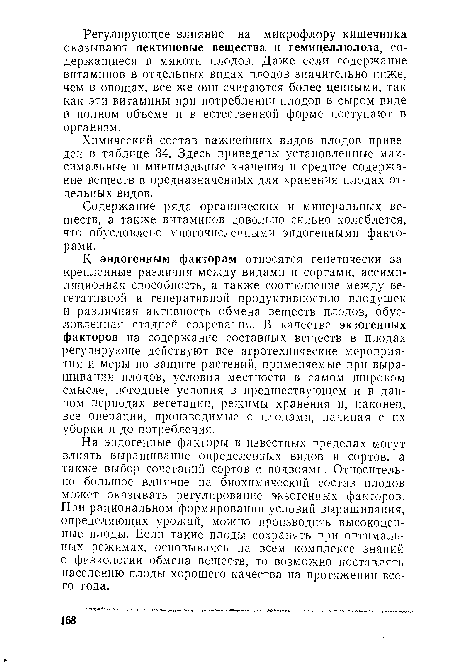 К эндогенным факторам относятся генетически закрепленные различия между видами и сортами, ассимиляционная способность, а также соотношение между вегетативной и генеративной продуктивностью плодушек и различная активность обмена веществ плодов, обусловленная стадией созревания. В качестве экзогенных факторов на содержание составных веществ в плодах регулнрующе действуют все агротехнические мероприятия и меры по защите растений, применяемые при выращивании плодов, условия местности в самом широком смысле, погодные условия в предшествующем и в данном периодах вегетации, режимы хранения и, наконец, все операции, производимые с плодами, начиная с их уборки и до потребления.