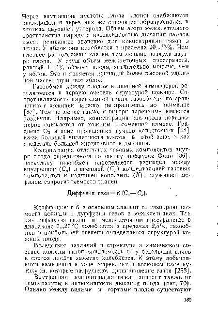 Коэффициент К в основном зависит от газопроницаемости кожицы и дуффузии газов в межклетниках. Так как диффузия газов в межклеточном пространстве в диапазоне 0...20°С колеблется в пределах 2,5%, газообмен в наибольшей степени определяется структурой кожицы плода.